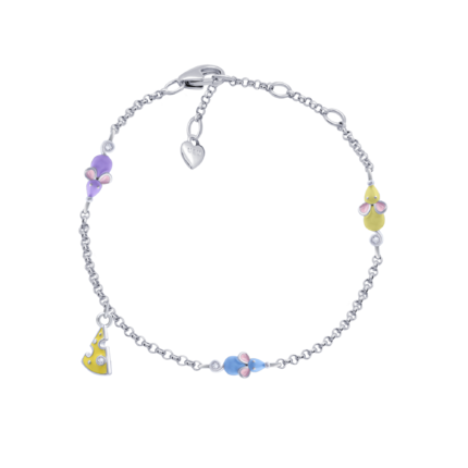 Браслет на цепочке Мышонок с сыром с голубой, желтой, фиолетовой эмалью и фианитами фото