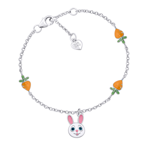 Браслет на цепочке Зайка с морковкой с бело-розовой и оранжевой эмалью фото