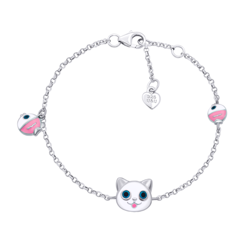 Браслет на цепочке Котик с рыбкой с белой и розовой эмалью фото