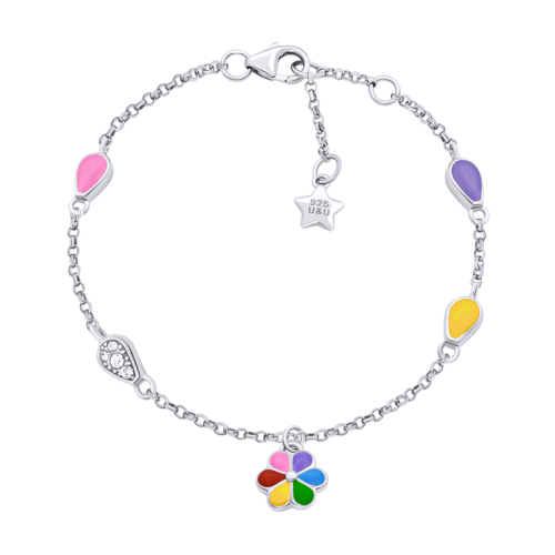 Браслет на цепочке Ромашка цветная с разноцветной эмалью и фианитами фото