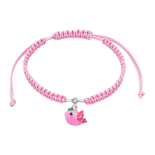 Браслет плетеный Птичка с розовой и зеленой эмалью фото