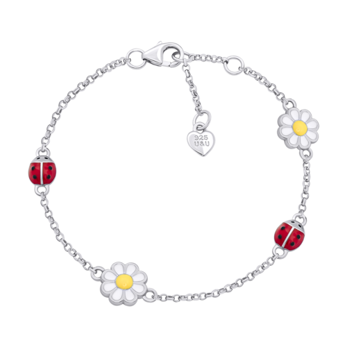 Браслет на ланцюжку Ромашка з сонечком із білою, жовтою та червоною емаллю фото
