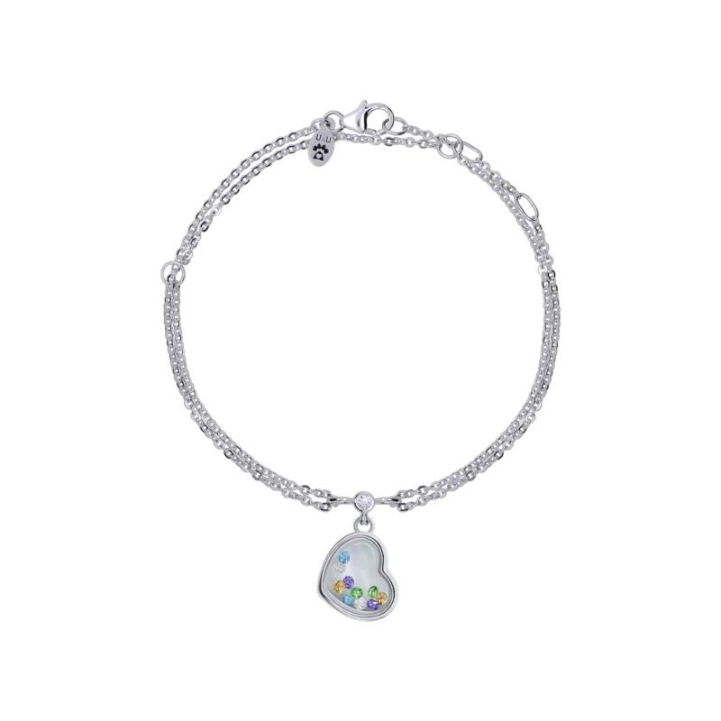 Браслет на ланцюжку Серце велике з кольоровими рухливими фіанітами фото