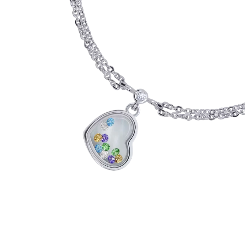 Браслет на ланцюжку Серце велике з кольоровими рухливими фіанітами фото