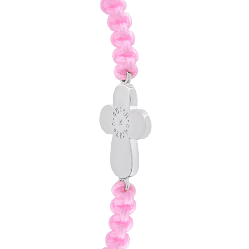 Браслет плетеный Крестик из белого золота с бриллиантом и розовой эмалью фото