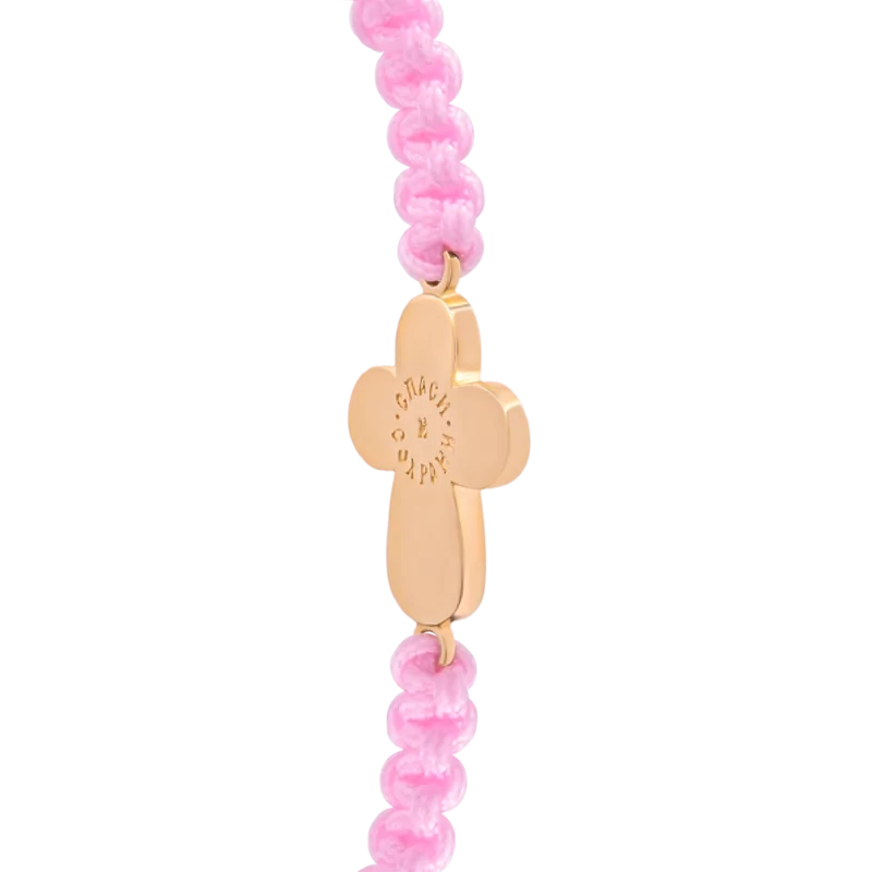 Braided yellow gold bracelet Cross with a diamond and pink enamel photo