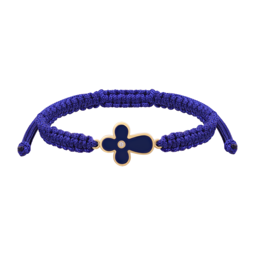 Браслет плетеный Крестик из желтого золота с бриллиантом и синей эмалью фото