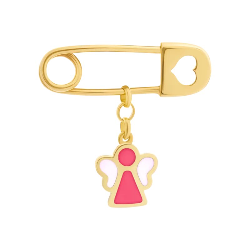 Yellow gold pin Angel with pink enamel photo