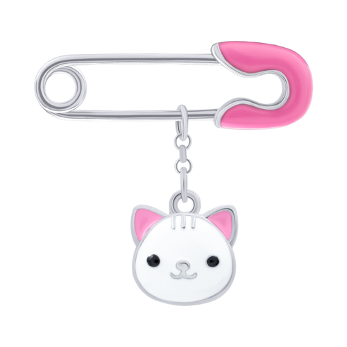 Булавка Котик с лапкой с белой и розовой эмалью фото