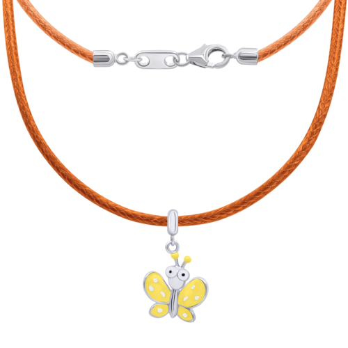 Колье на шнурке Бабочка с глазами с желтой и белой эмалью фото