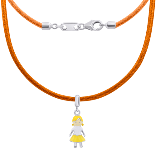 Колье на оранжевом шнурке Девочка с желтой и белой эмалью фото