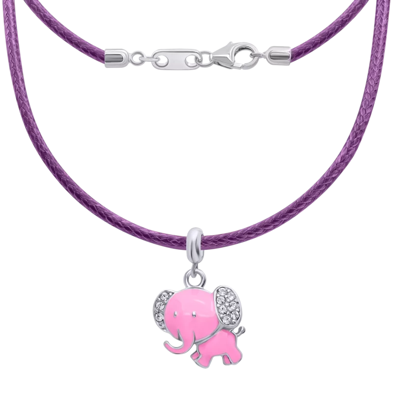 Кольє на шнурку Слон з рожевою емаллю та фіанітами фото