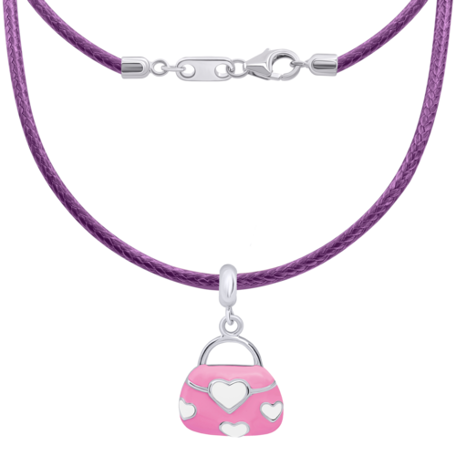 Колье на шнурке Сумочка с розовой и белой эмалью фото