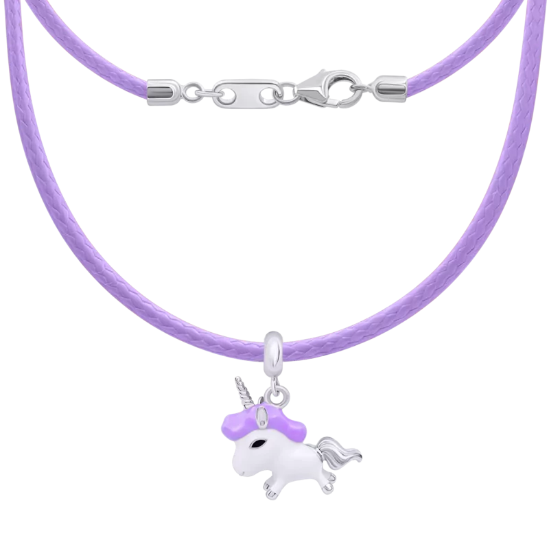 Кольє на шнурку Єдиноріг з білою та фіолетовою емаллю фото
