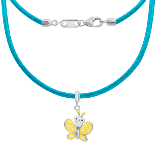 Колье на бирюзовом шнурке Бабочка с глазами с желтой эмалью фото