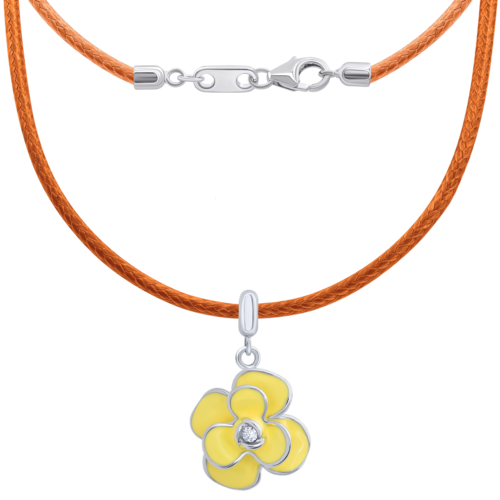 Колье на шнурке Пион с желтой эмалью и фианитом фото