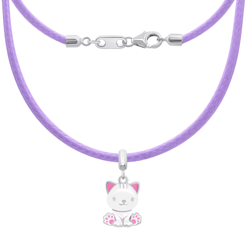 Кольє на шнурку Котик з лапкою з білою та рожевою емаллю фото