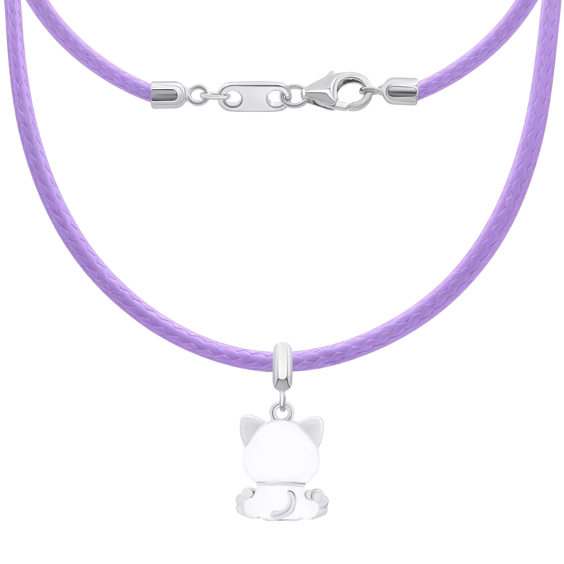 Кольє на шнурку Котик з лапкою з білою та рожевою емаллю фото
