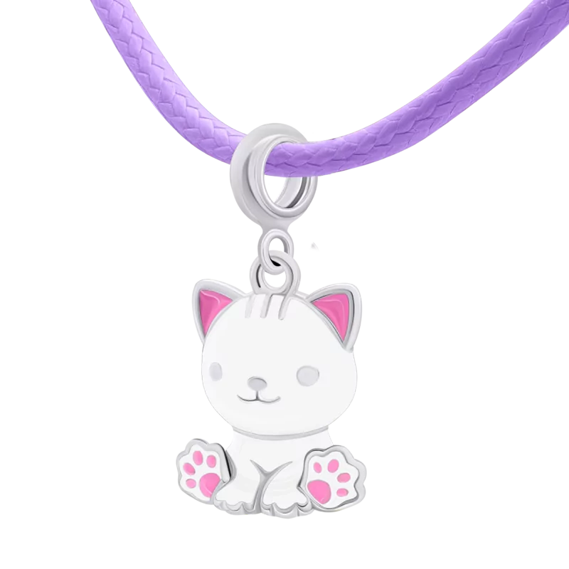 Кольє на шнурку Котик з лапкою з білою та рожевою емаллю фото