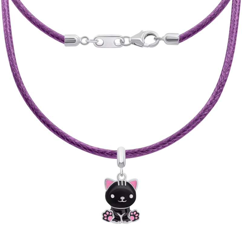 Кольє на шнурку Котик з лапкою з чорною та рожевою емаллю фото
