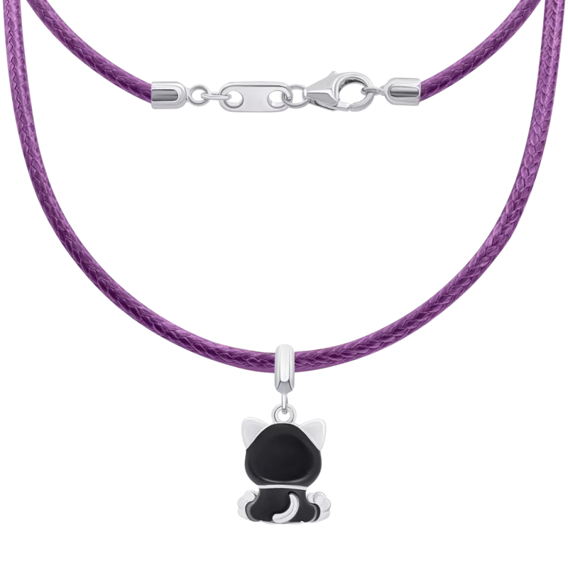 Кольє на шнурку Котик з лапкою з чорною та рожевою емаллю фото