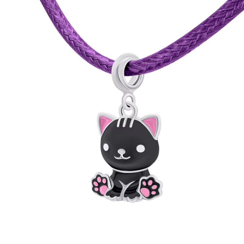 Кольє на шнурку Котик з лапкою з чорною та рожевою емаллю фото