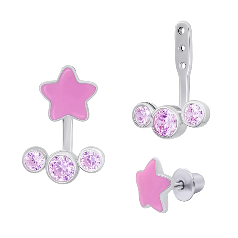 Jacket earrings Stars with pink enamel and Cubic Zirconia photo
