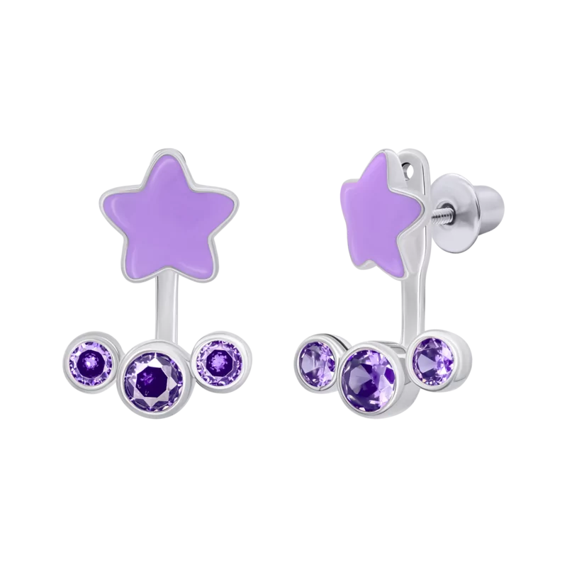 Jacket earrings Stars with violet enamel and Cubic Zirconia photo