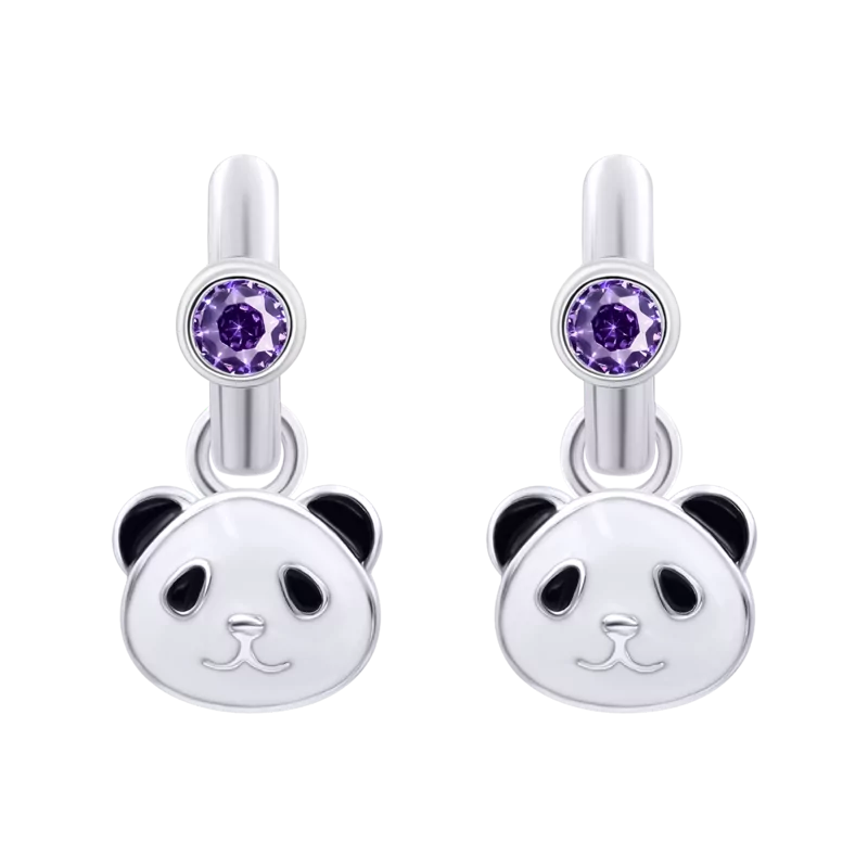 Сережки з підвісами Панда з фіолетовими фіанітами фото