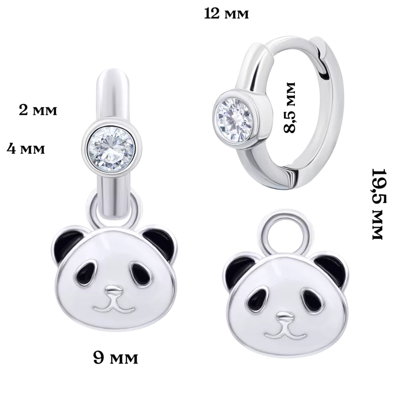 Сережки з підвісами Панда з білими фіанітами фото