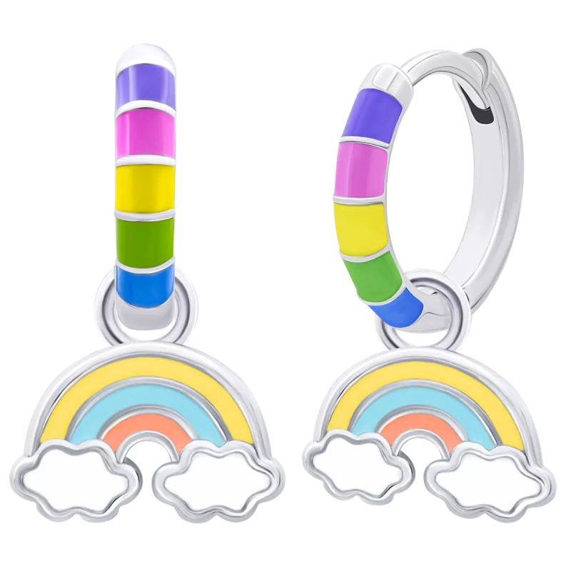 Сережки веселкові з підвісами Веселка з різнобарвною емаллю, d 12 мм фото