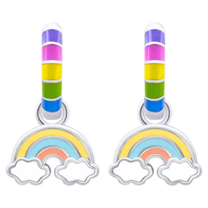 Сережки веселкові з підвісами Веселка з різнобарвною емаллю, d 12 мм фото