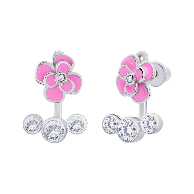 Сережки-джекети Піон з рожевою емаллю та фіанітами фото