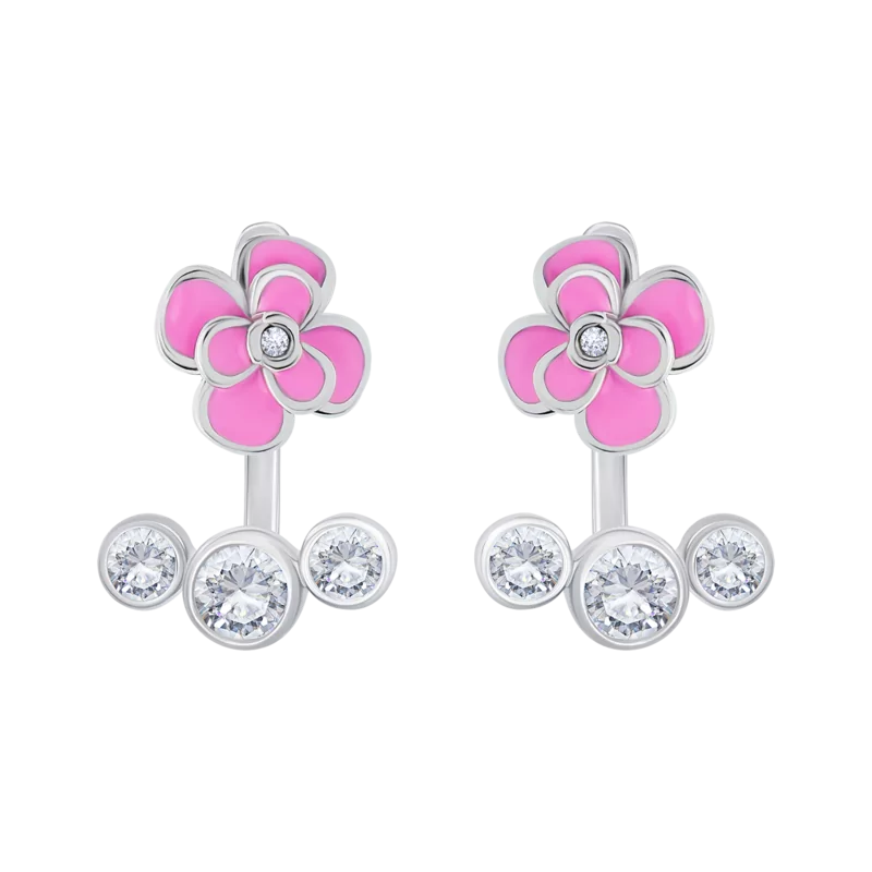 Сережки-джекети Піон з рожевою емаллю та фіанітами фото