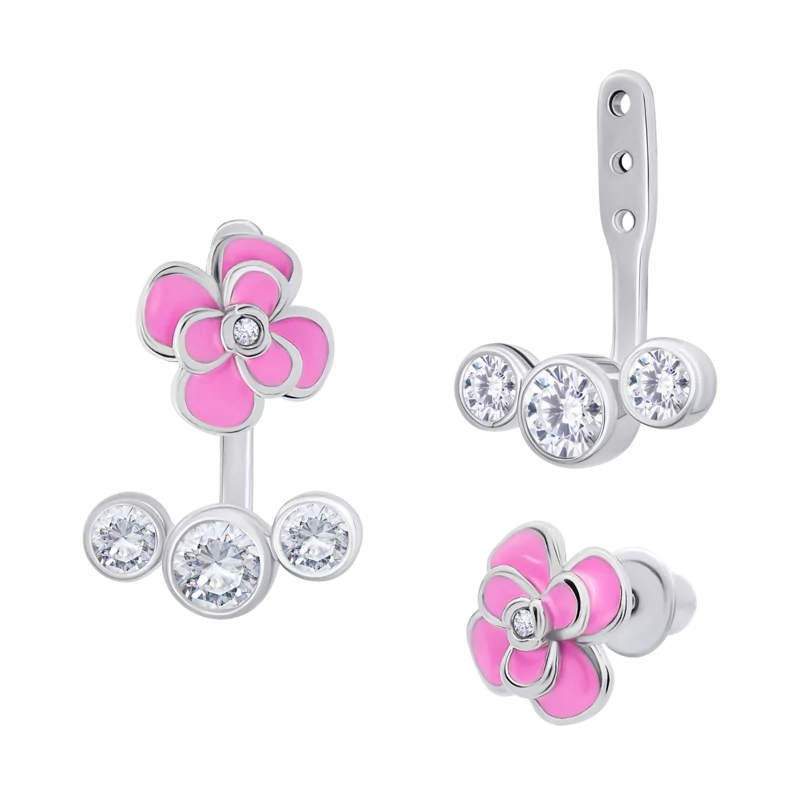 Сережки-джекети Піон з рожевою емаллю та фіанітами фото