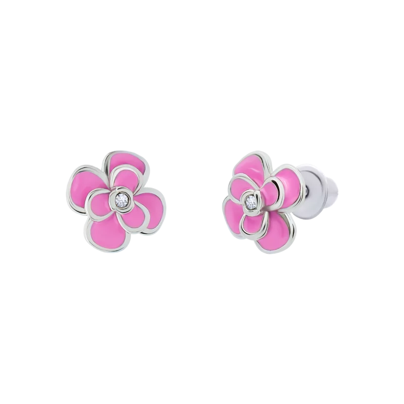 Сережки-джекети Піон з рожевою емаллю та фіанітами фото