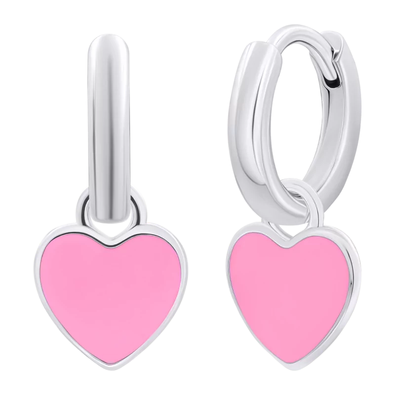 Сережки з підвісами Серце з рожевою емаллю фото