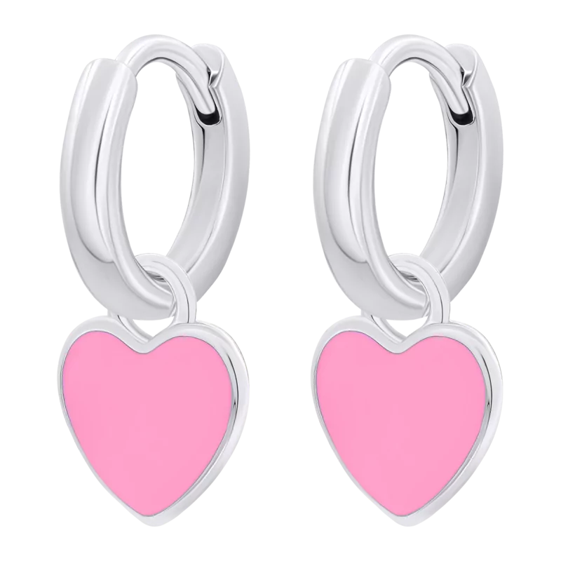 Сережки з підвісами Серце з рожевою емаллю фото