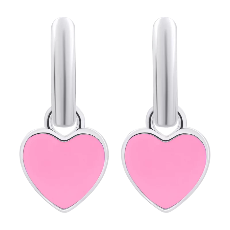 Сережки з підвісами Серце з рожевою емаллю фото
