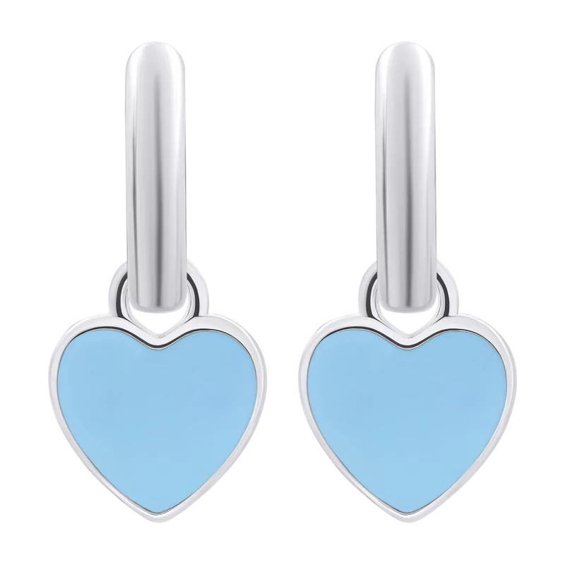 Сережки з підвісами Серце з блакитною емаллю, d 12 мм фото