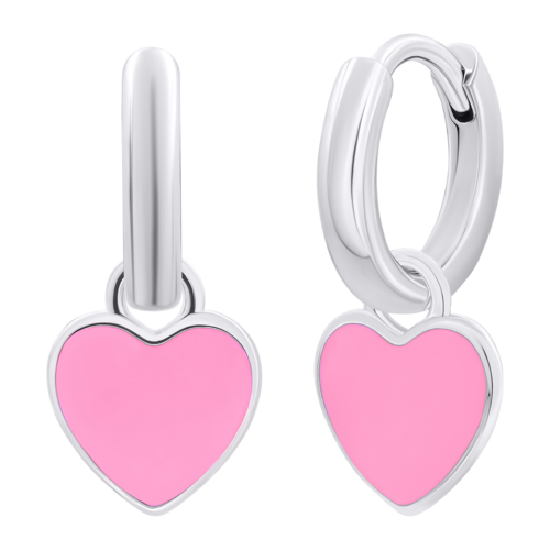 Сережки з підвісами Серце з рожевою емаллю, d 12 мм фото