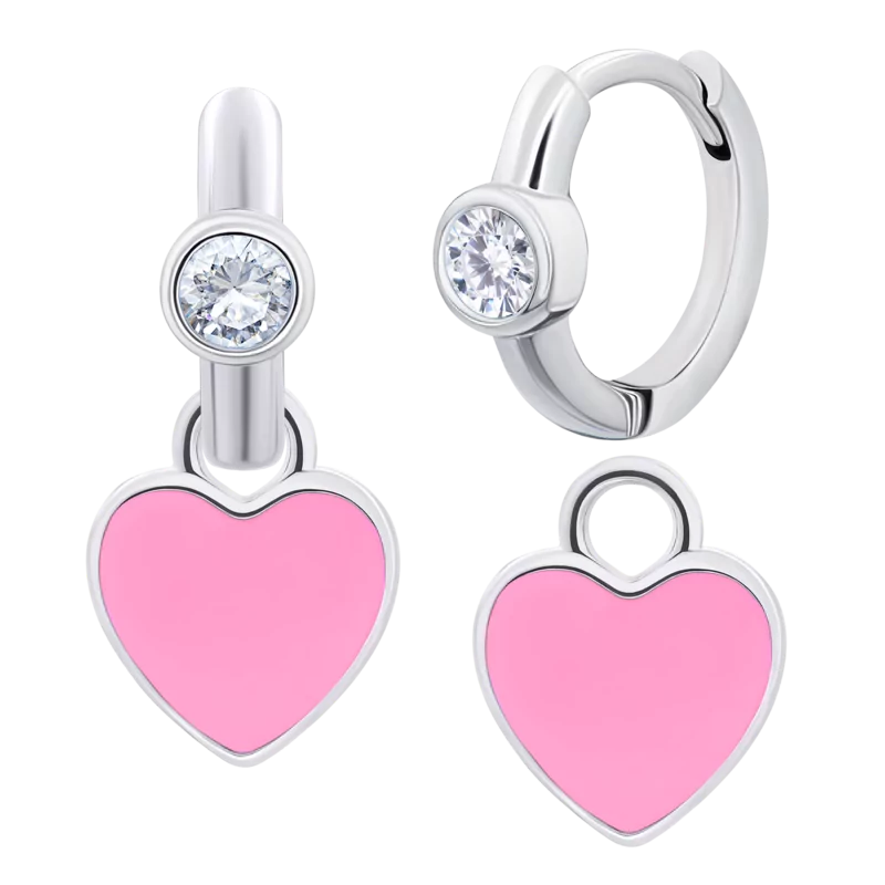 Сережки з підвісами Серце рожеве з білими фіанітами фото