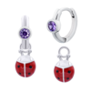 Сережки з підвісами Сонечко з червоною емаллю та фіолетовими фіанітами фото №1
