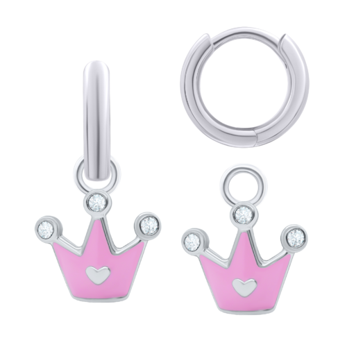 Серьги с подвесами Корона с сердцем с розовой эмалью и фианитами фото