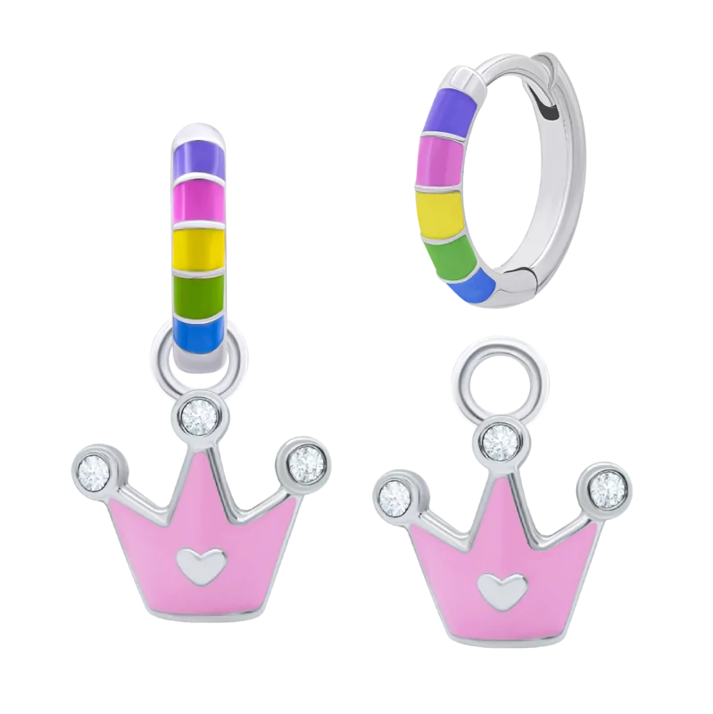 Сережки веселкові з підвісами Корона з серцем із різнокольоровою емаллю та фіанітами фото