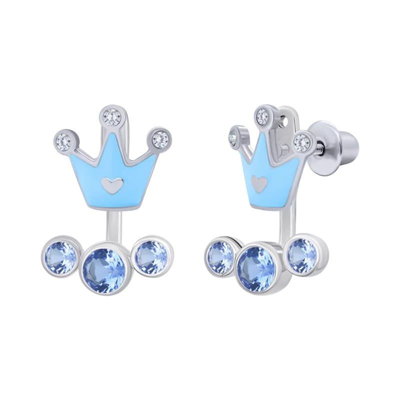 Jacket earrings Crown with a Heart with blue enamel and Cubic Zirconia photo