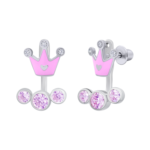 Серьги-джекеты Корона с сердцем с розовыми эмалью и фианитами фото