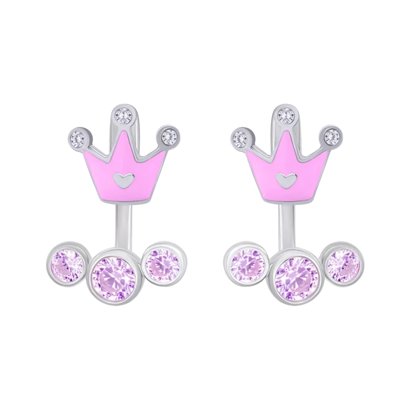Jacket earrings Crown with a Heart with pink enamel and Cubic Zirconia photo