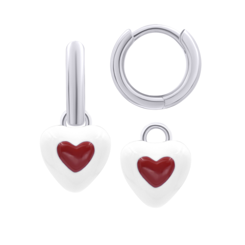Сережки з підвісами Серце в серці з біло-червоною емаллю, d 12 мм фото