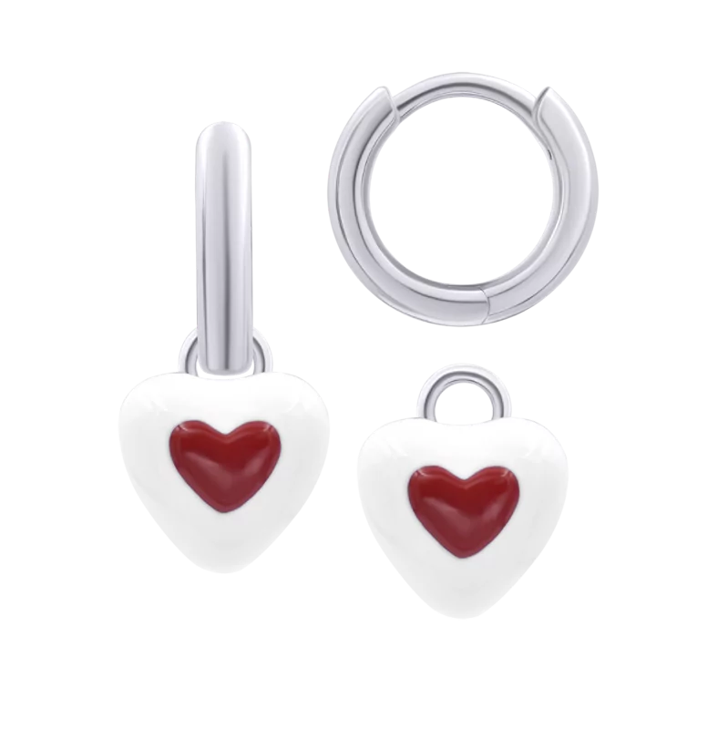 Сережки з підвісами Серце в серці з біло-червоною емаллю, d 12 мм фото